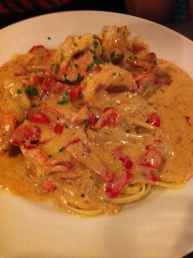 Grilled Shrimp over Linguine with a Cognac Pepper Cream Sauce