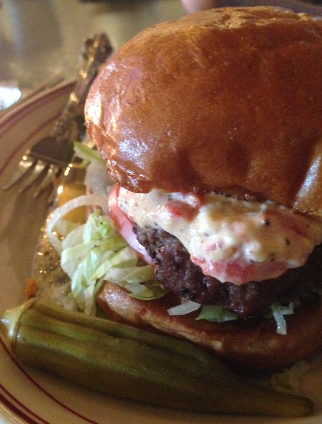 The cheese on the burger is PIMENTO CHEESE, of course!!!!